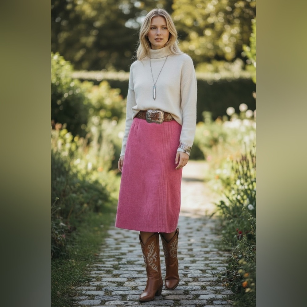 Vintage Western Faux Ultra Suede High Rise Pink Sexy Side Slit Midi Skirt